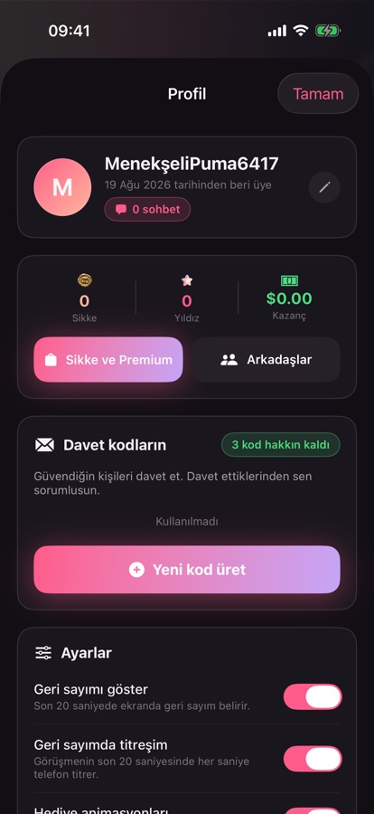 Phazar ekran görüntüsü: Profil ve davet kodları