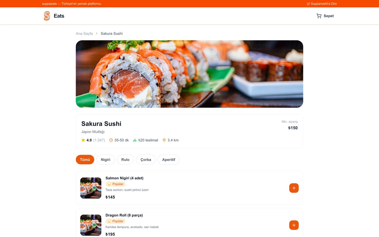 SuppaEats ekran görüntüsü: 2 · Restoran menüsü