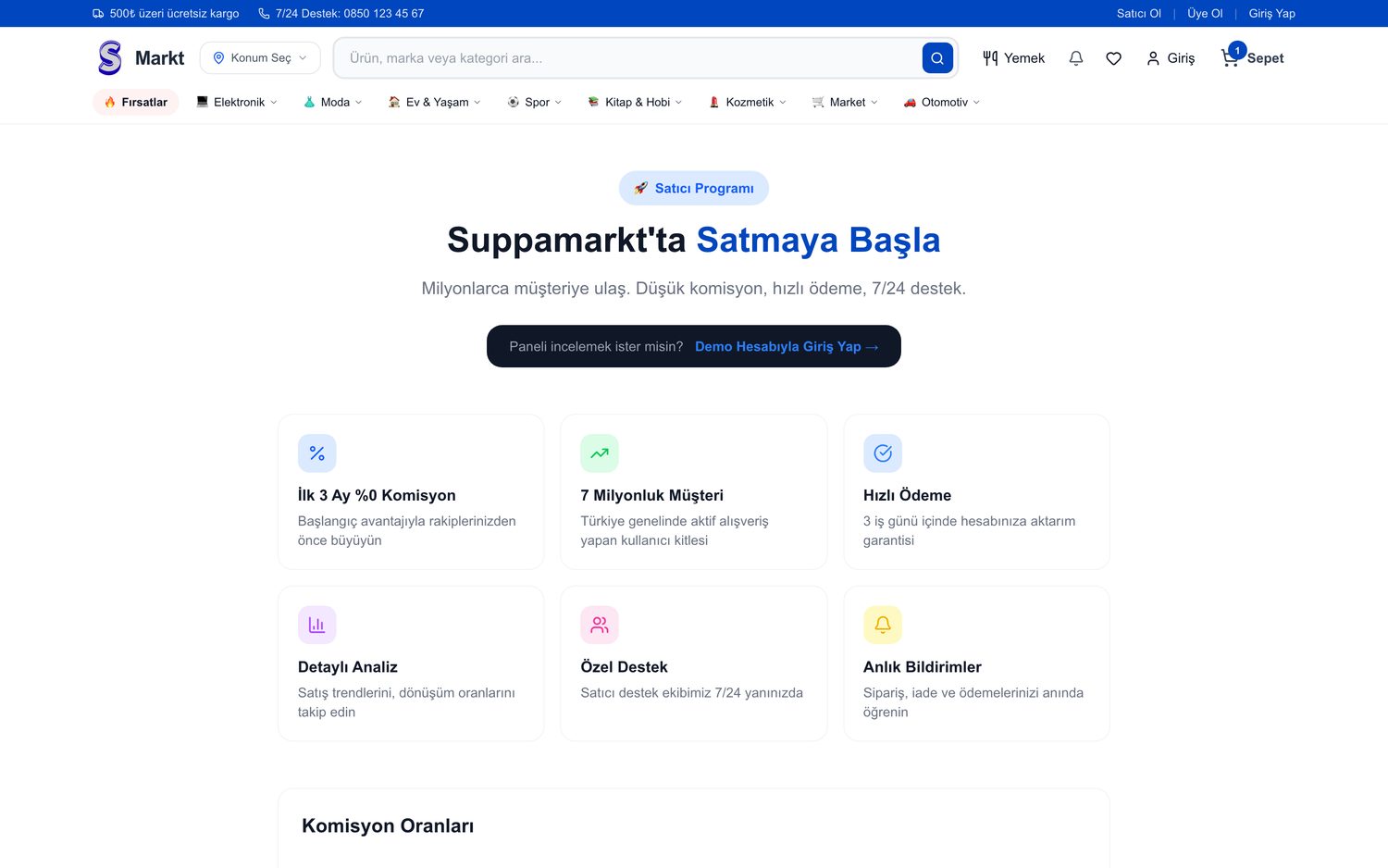 Suppamarkt ekran görüntüsü: Satıcı başvurusu